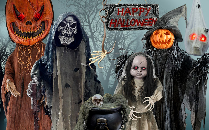 Titelseite -Halloween-Cosplay Verkaufsgeschäft Halloween Dekoration Animatronics Figuren Kuerbis Hexe Skelett animiert