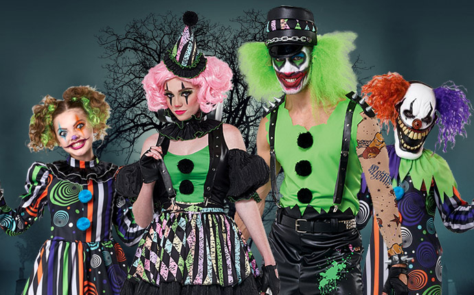 Titelseite -Halloween-Cosplay Verkaufsgeschäft Halloween Kostueme Psycho Circus Horror Clowns Gruselige Verkleidungen